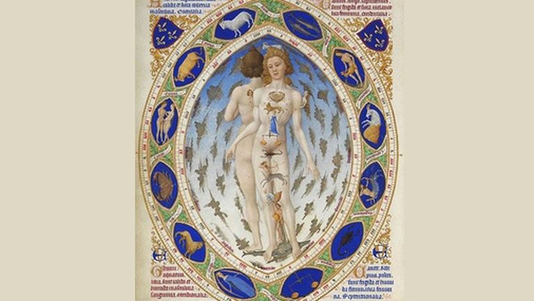 Cilvēka orgānu un zodiaka zīmju pārskats kādā 1416. gada attēlā: viduslaiku ārsti pamatojās uz principu, ka starp kosmiskajiem spēkiem un cilvēka ķermeni pastāv mijiedarbība. 
