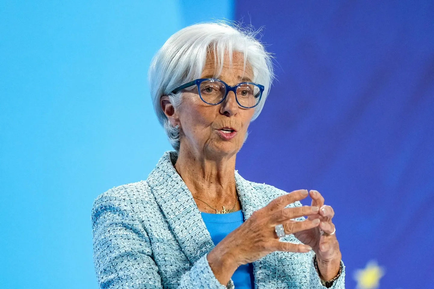 Euroopa Keskpanga president Christine Lagarde eile keskpanga nõukogu järgselt pressikonverentsil.