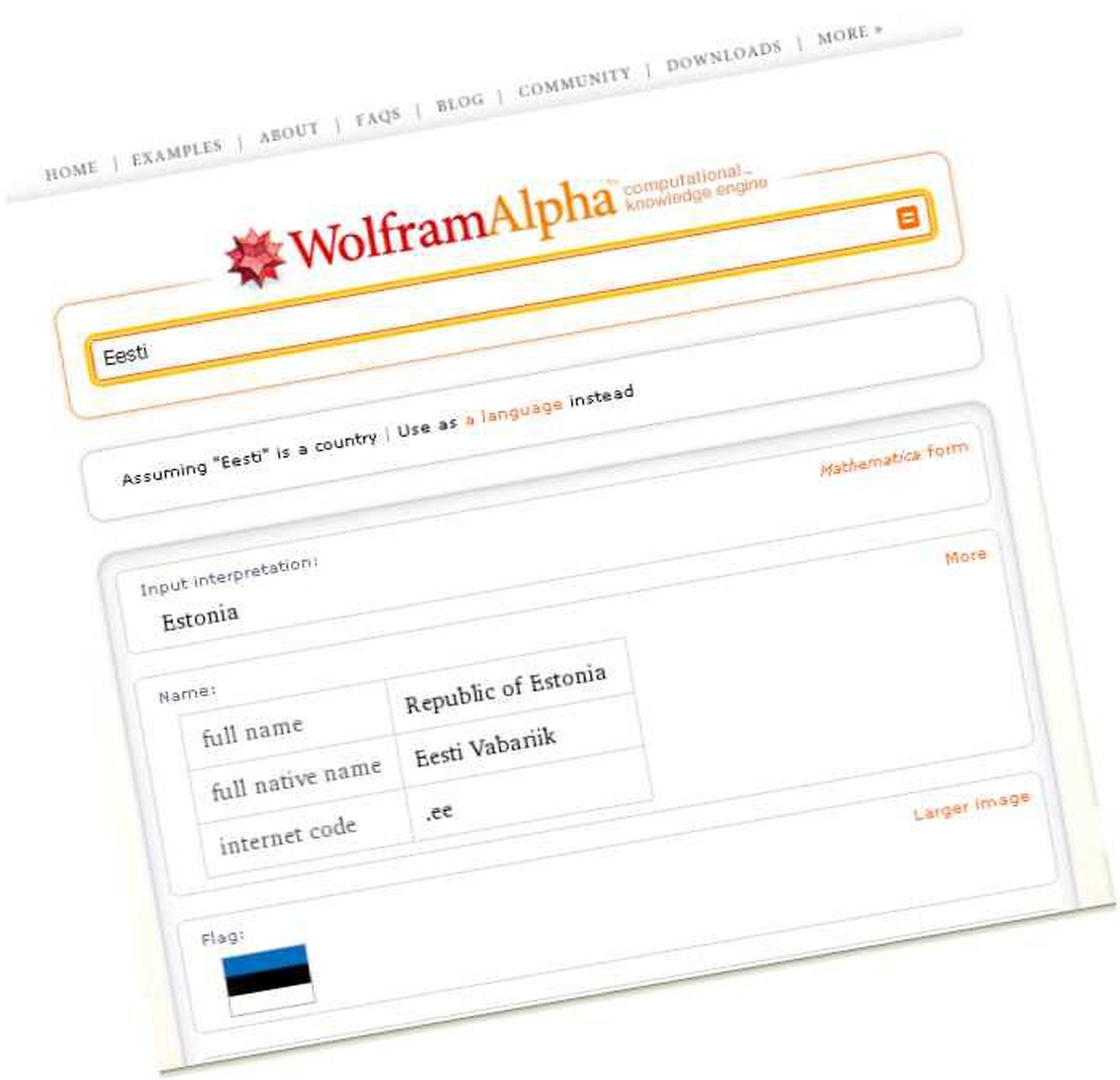Fragment uue otsingumootori Wolfram Alpha leheküljelt.