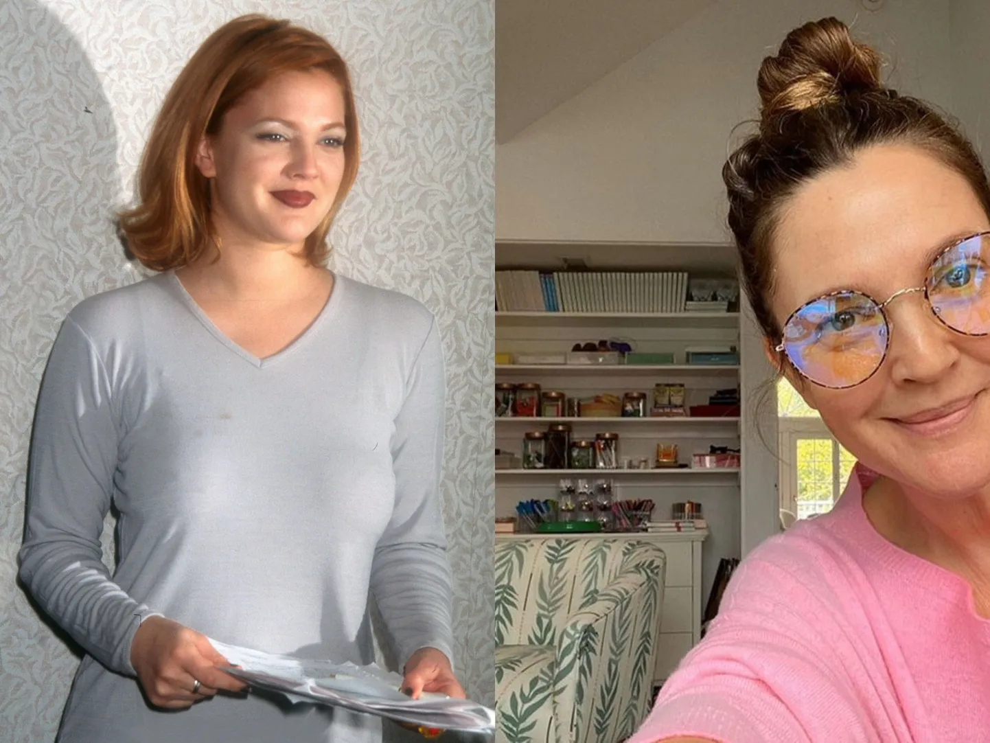 Vasakul: Drew Barrymore nooruses. Paremal: Drew Barrymore 2020. aastal.