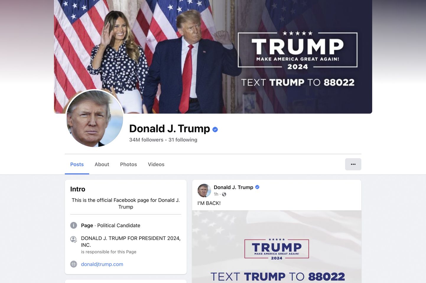 USA vabariiklasest ekspresident Donald Trump tegi reedel Facebookis oma esimese postituse pärast seda, mil enam kui kaheaastase keeluaja järel taastati tema isiklik konto.