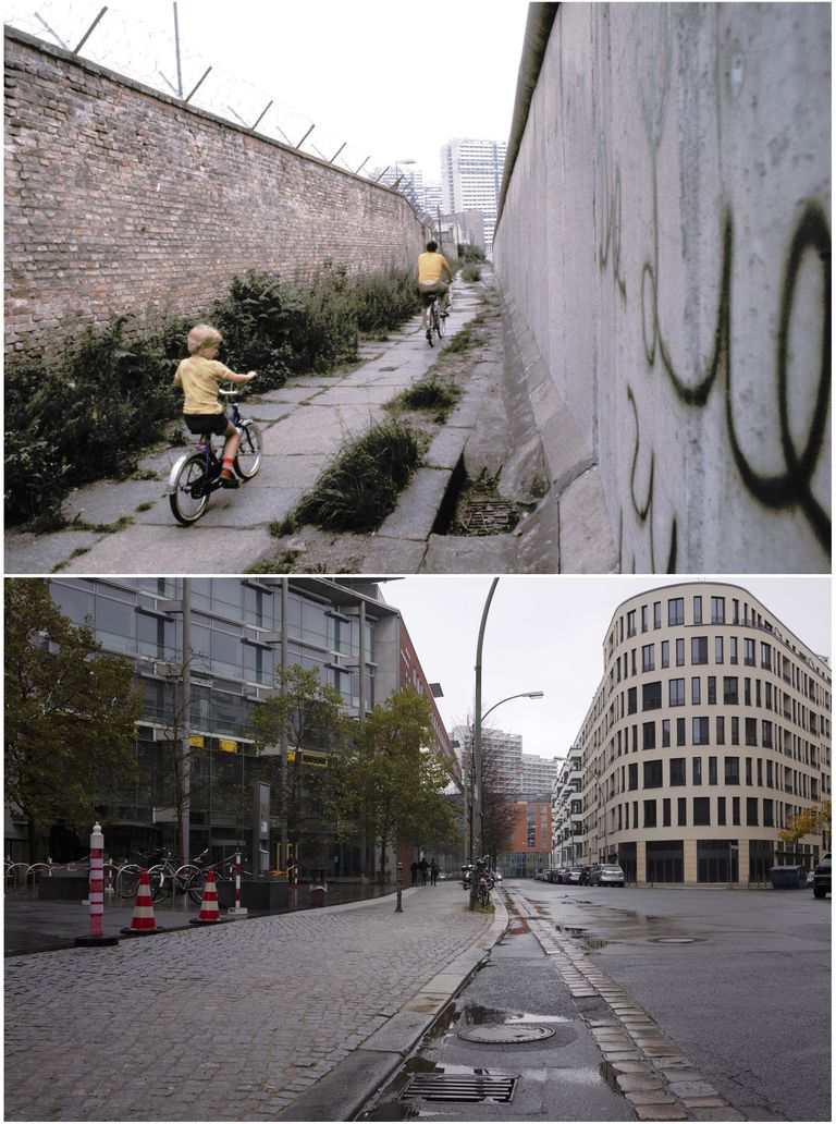 Augšējais attēls: tēvs un dēls brauc ar velosipēdiem gar Berlīnes mūri 1981.gada jūlijā. Apakšējais attēls: šī vieta 2019.gada 3.novembrī.