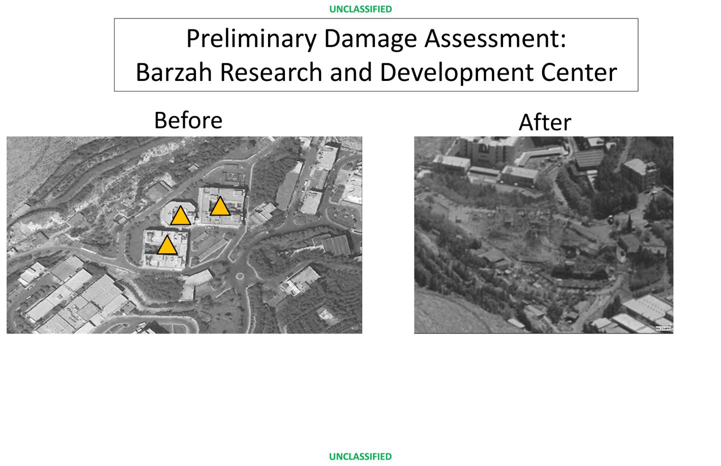 USA kaitseministeeriumi avaldatud kujutis Barzah uurimiskeskuse kahjudest.