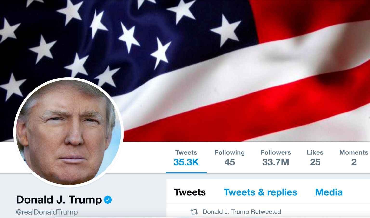 USA presidendi Donald Trumpi Twitteri konto päise kuvatõmmis.