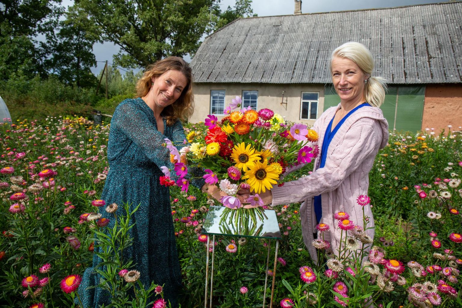 Anu Uibo (vasakul) ja Aire Reenumägi kodusel lilleväljal oma tööst rõõmu tundmas.