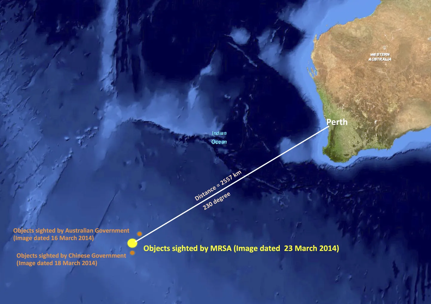 Kaart, millel on kujutatud Austraalia lääneranniku juures 122 objekti, mis võivad olla pärit Malaysia Airlines kadunud lennukist