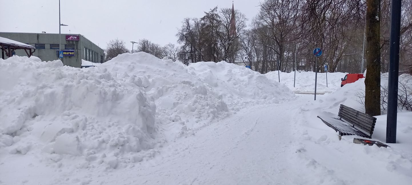 Lumeuputus Jõhvi kesklinnas - promenaadil ja selle ääres kõrguvad kuni kolme meetri kõrgused lumekuhjad.