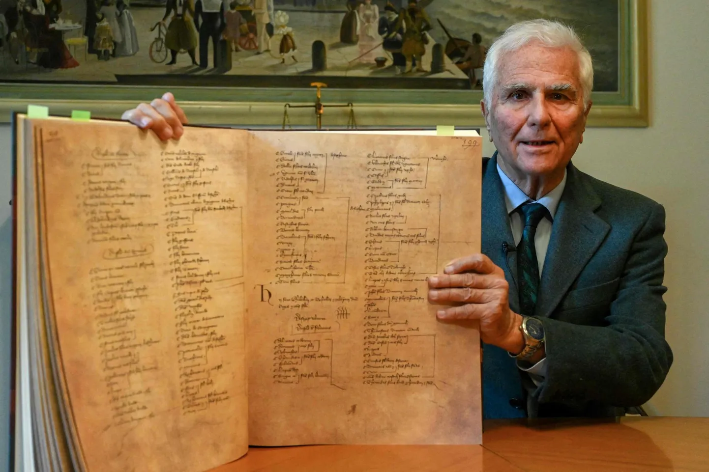 Dante Alighieri süütust kinnitada püüdev jurist Alessandro Traversi koopiaga Firenze arhiivis säilitatavast karistusraamatust aastatest 1269–1378, mis sisaldab ka poeedi süüdimõistvat otsust.