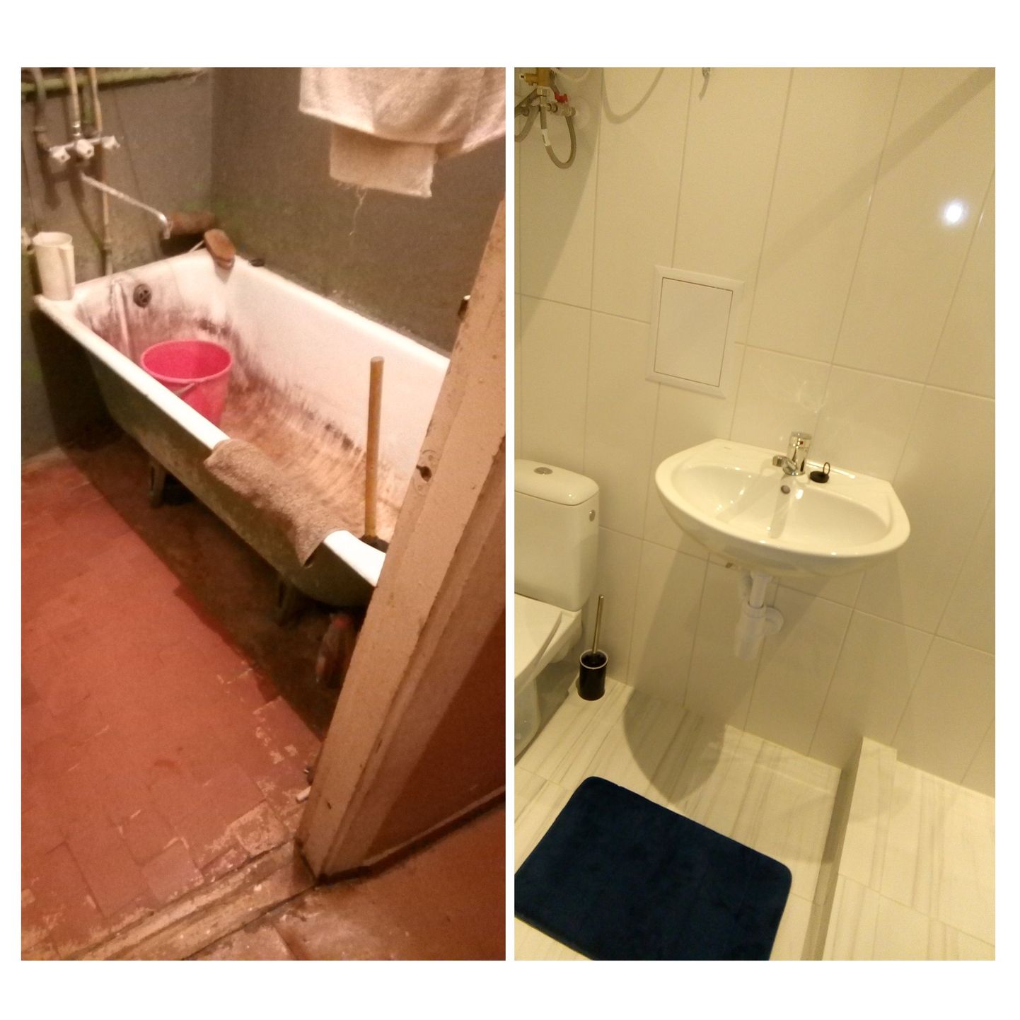 Kohandatud vannituba enne ja pärast remonti.