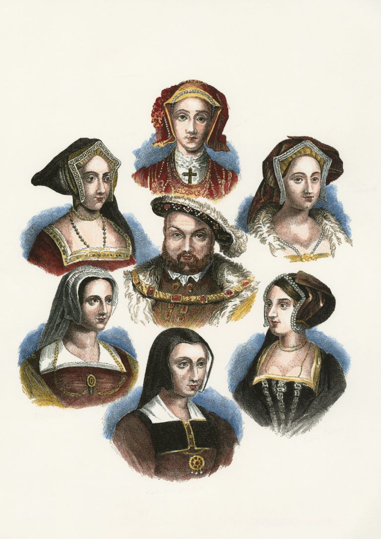 Henry VIII ja tema kuus naist. Kleve Anne (üleval). Vasakult Catherine Howard, Anne Boleyn, Aragoni Katariina, Catherine Parr ja Jane Seymour