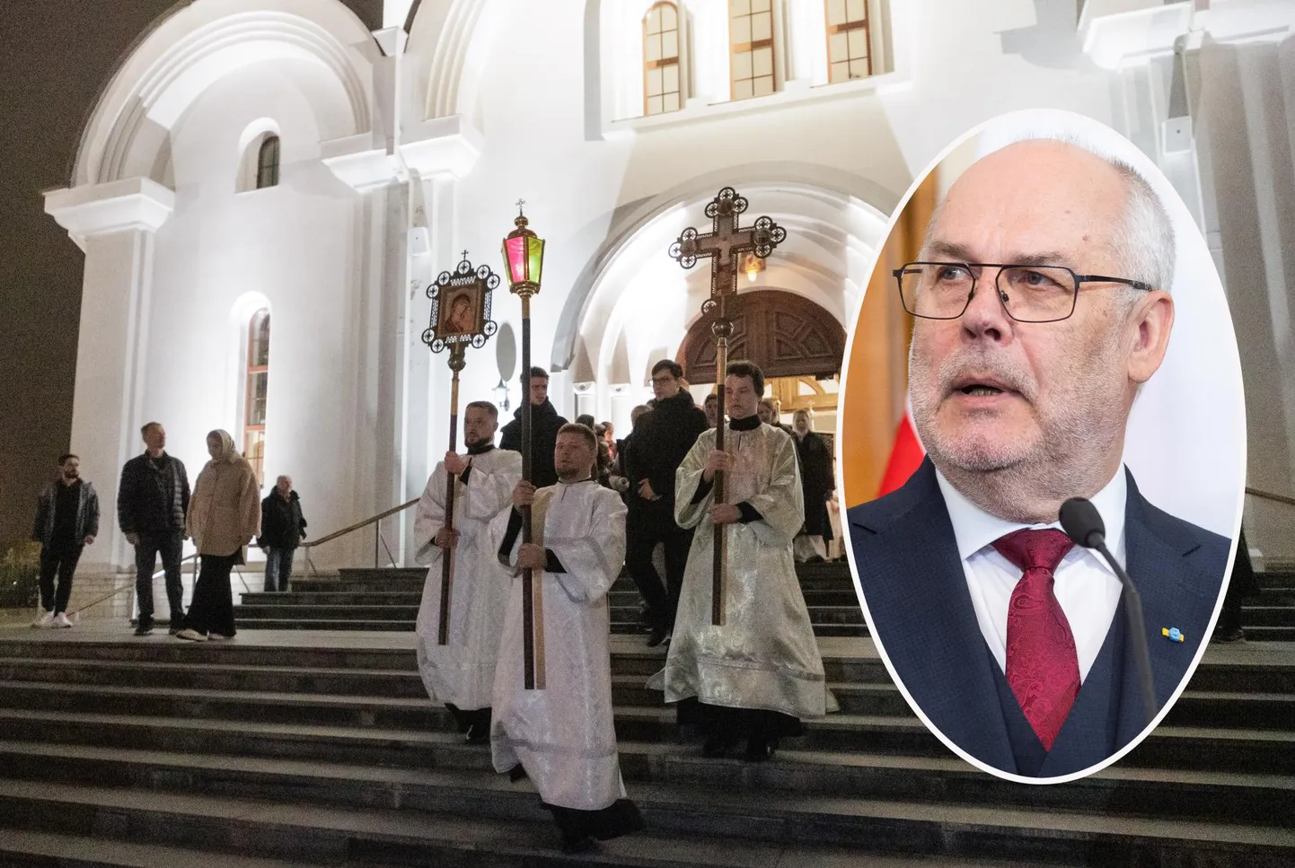 Pildil Ülestõusmispüha jumalateenistus eelmisel nädalavahetusel Tallinna Jumalaema Kiirestikuulja ikooni kirikus ja president Alar Karis.