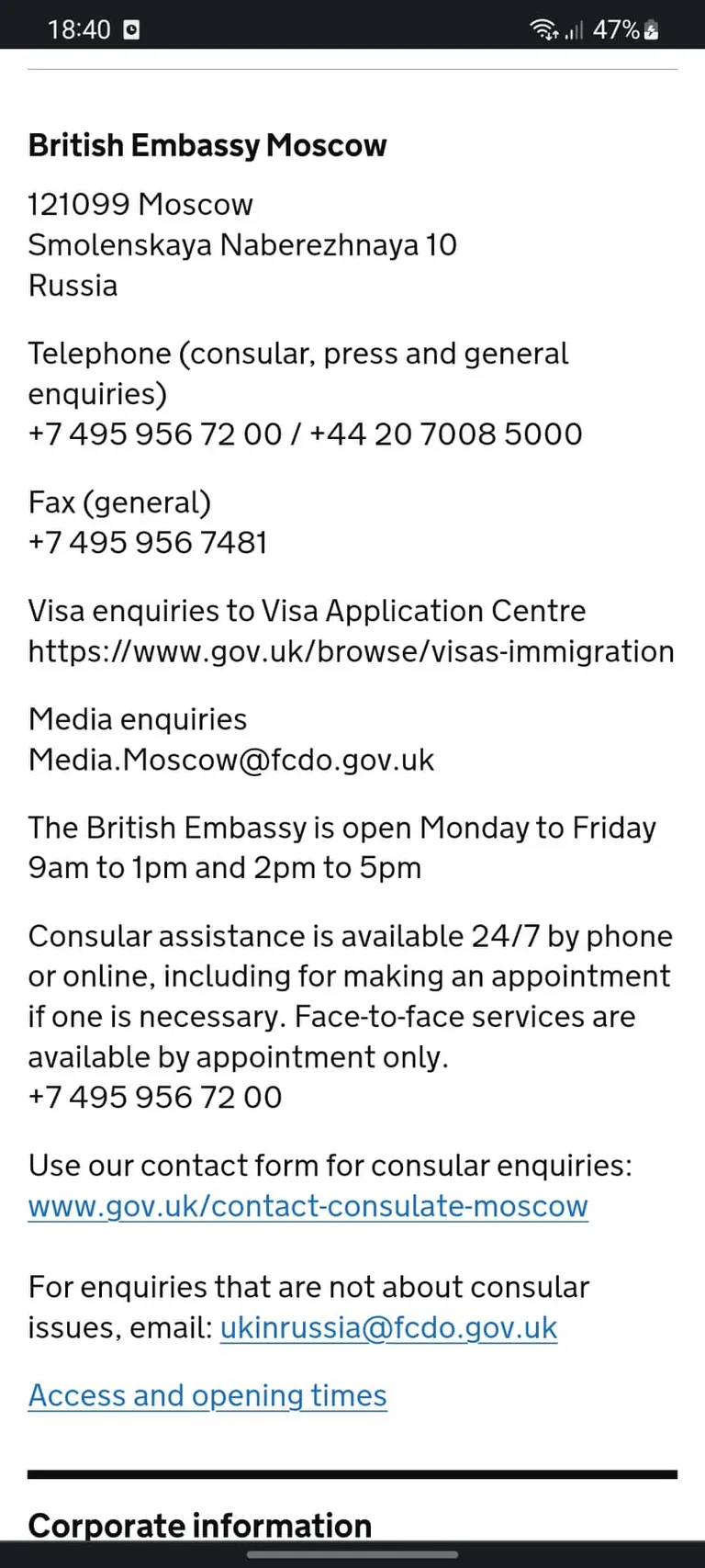 Moskvas asuva Briti saatkonna aadress kodulehel.