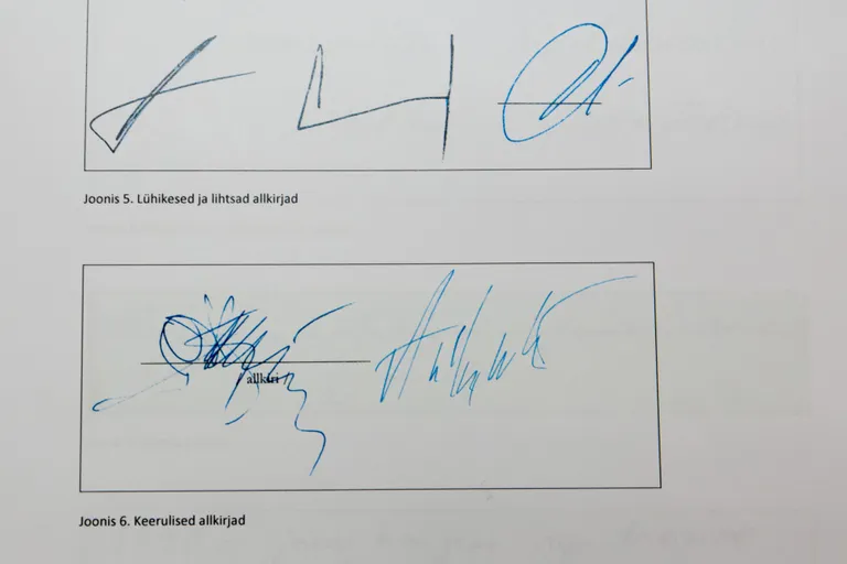 Ülal kastis on lihtsad ja lühikesed allkirjad, mida on kerge jäljendada. Alumisel aga vastupidiselt võltsimiskindlad keerulised ja pikad allkirjad. Allikas: Kohtuekspertiisi instituut