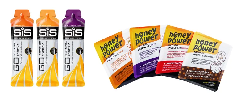 Taskumõõdus energiapommid. Näited ülemaailmse ulatusega Londoni spordikeemialaborilt SiS ja looduslikku koostisega kodumaiselt tootjalt Honeypower. Energiageeli koostis pannakse paika teaduslike uuringutega. Foto: tootjad