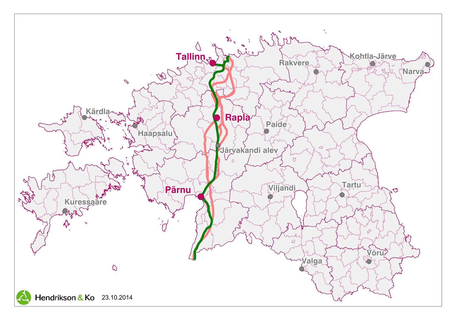 Eksperdid pakuvad Eestis Rail Balticu kulgemiseks rohelise joonega tähistatud trassi.