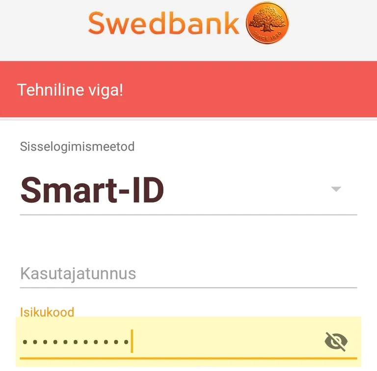 Swedbanki mobiiliteenuse veebivaade täna hommikul