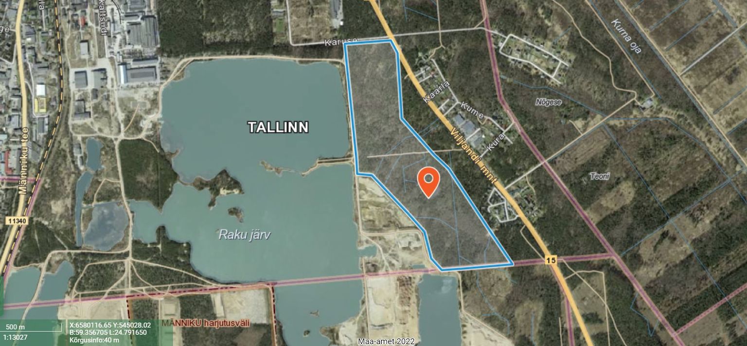 m-ameti kaardilt on näha, et kavandata uuringuala jääb Viljandi maantee ja Raku järve vahelisele metsaga kaetud alale.