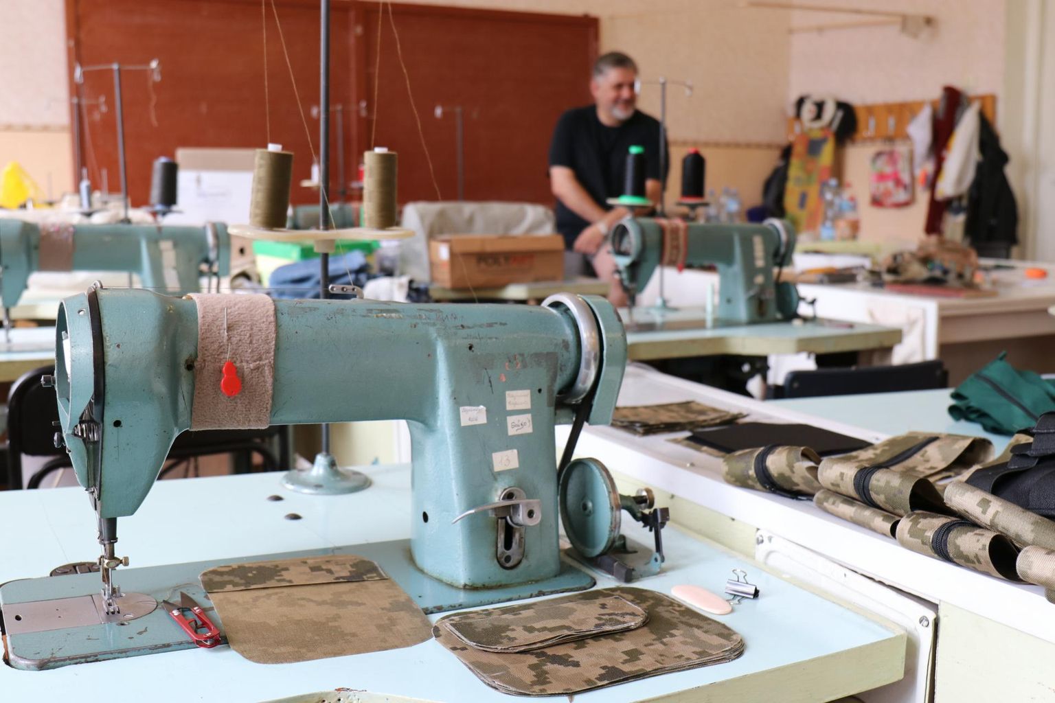 A sewing workshop organized by volunteers in Zaporizhzhia, where they make bulletproof vests for soldiers. Up to a hundred vests are made in the workshop per day.