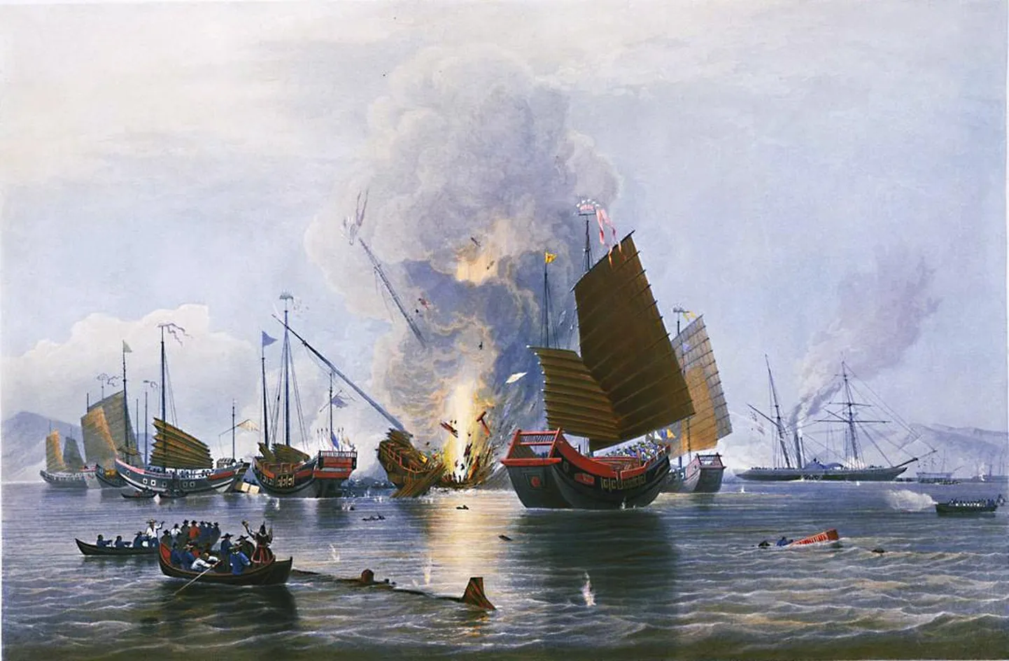 Hiina riik keelas 16. sajandil avamerelaevade ehitamise, mistõttu polnud riigist hiljem pealetungivatele eurooplastele vastast. Pildil Hiina džonkide hävitamine Briti Ida-India kompanii sõjalaeva Nemesis poolt Ansoni lahes 7. jaanuaril 1841. Edward Duncani maal 1925. aastast.