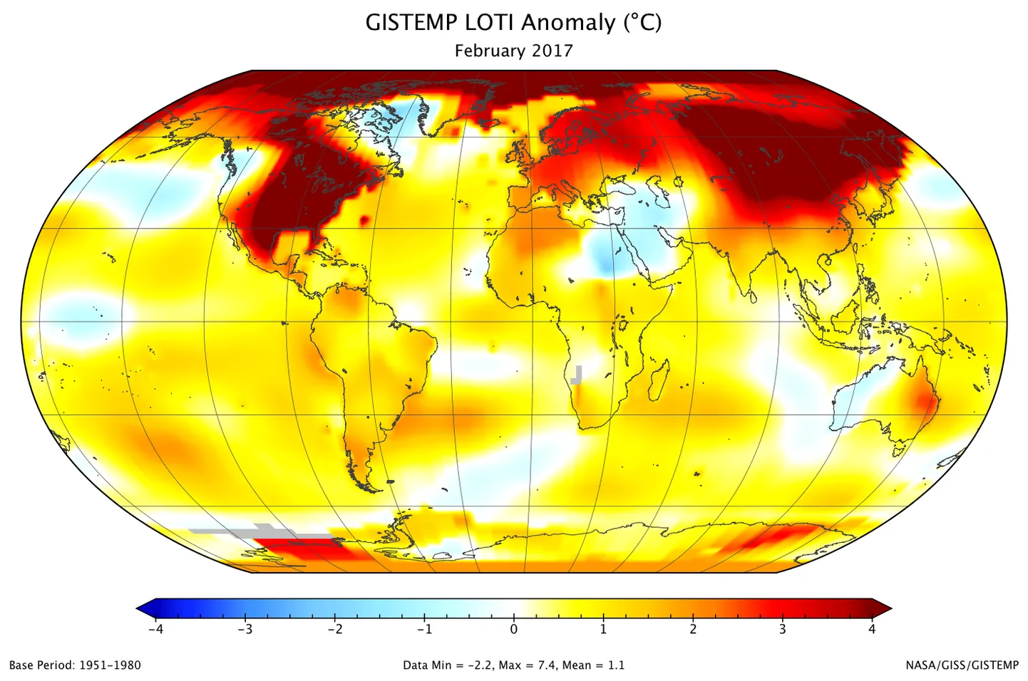 2017. aasta veebruarikuu maa-ookeani temperatuuri indeks näitab, et soojenemine oli kõige intensiivsem Põhja-Ameerikas ja Siberis.