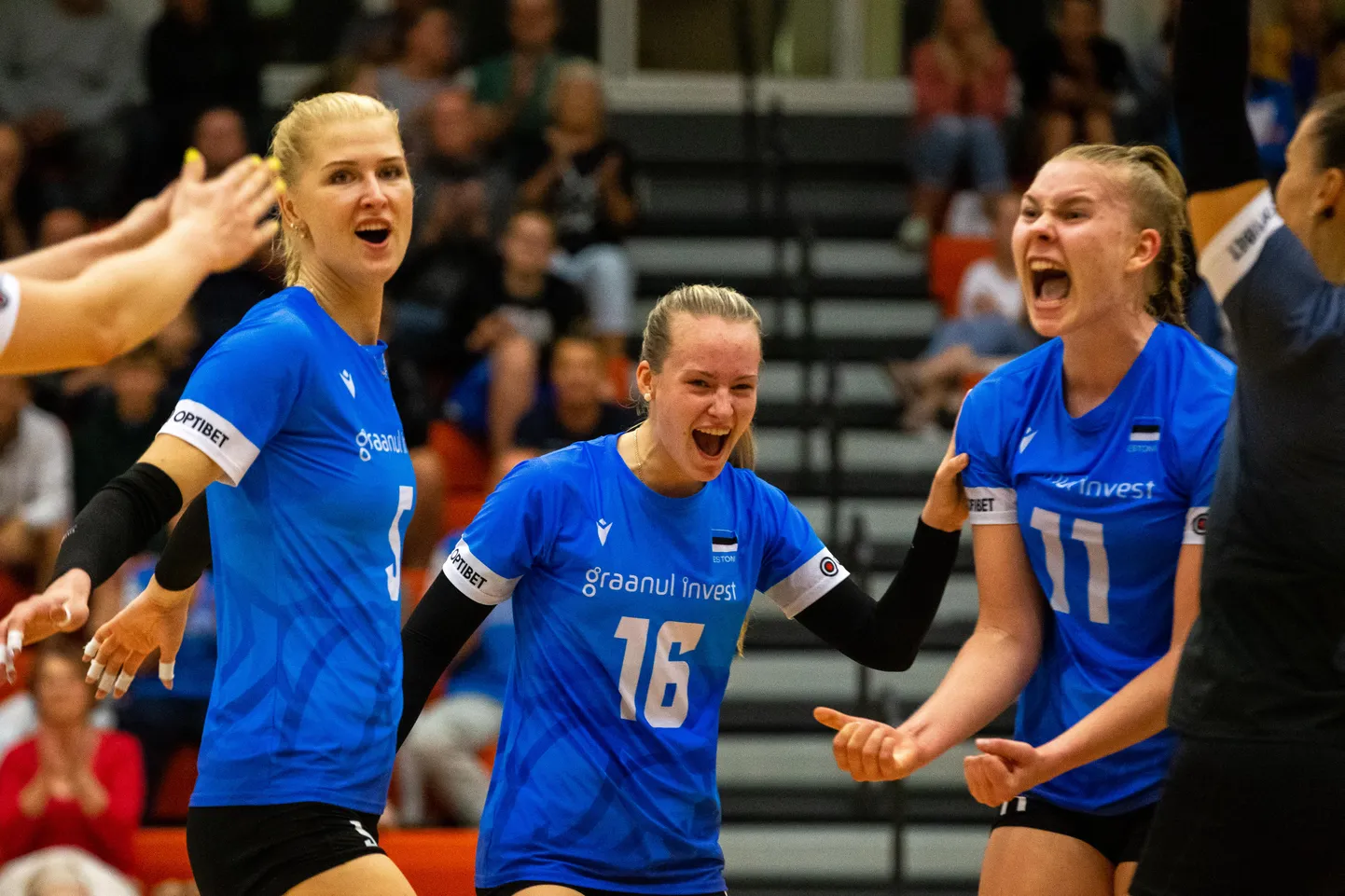 Eesti võrkpalli rahvusnaiskond.
Võrkpall. Paide E-Piima spordihall.
Eesti naiste võrkpallikoondis alistas 3:0 Läti.
Foto: Dmitri Kotjuh/ Järva Teataja