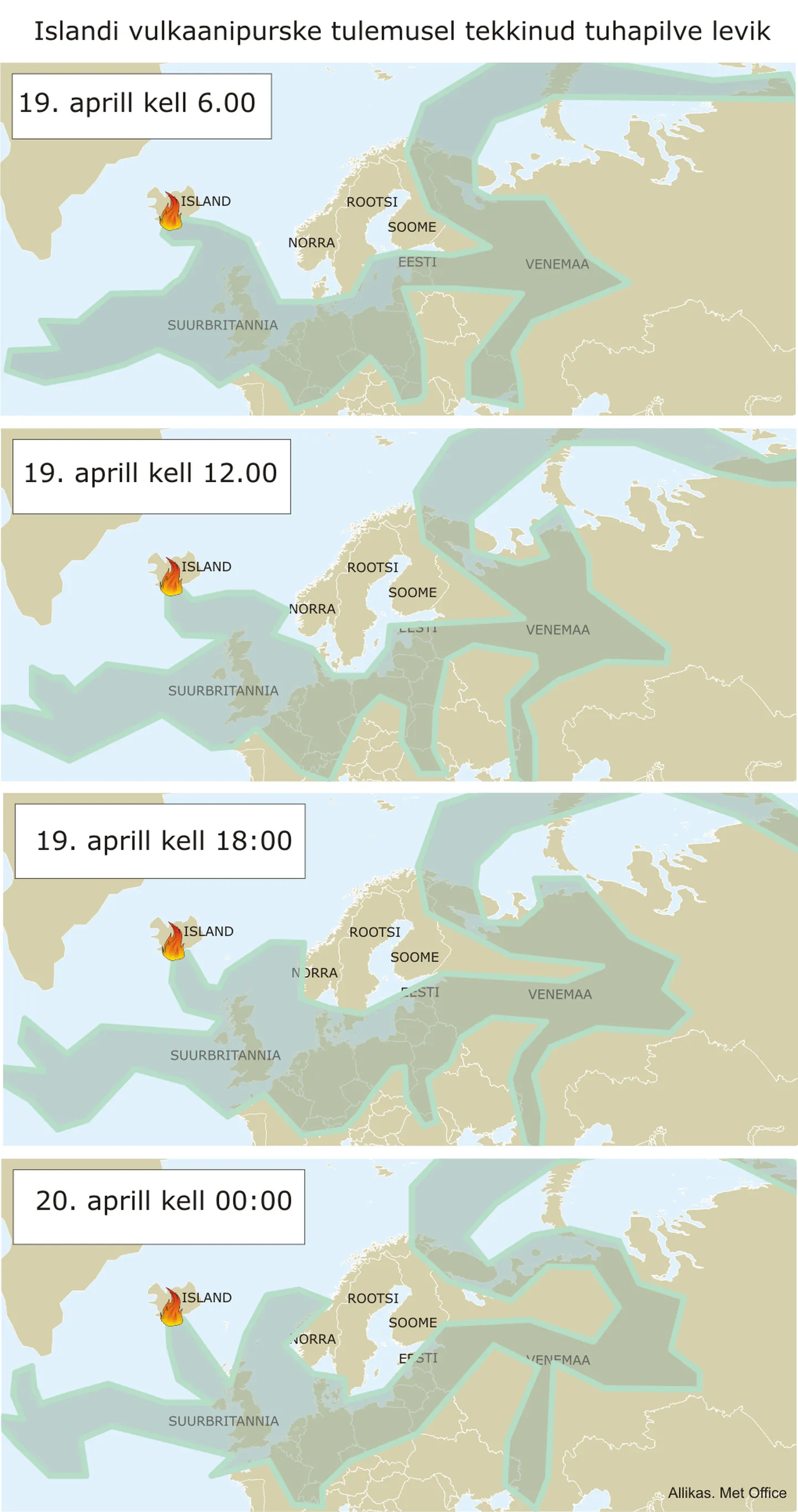 Islandi vulkaanipurske tulemusel tekkinud tuhapilve levik