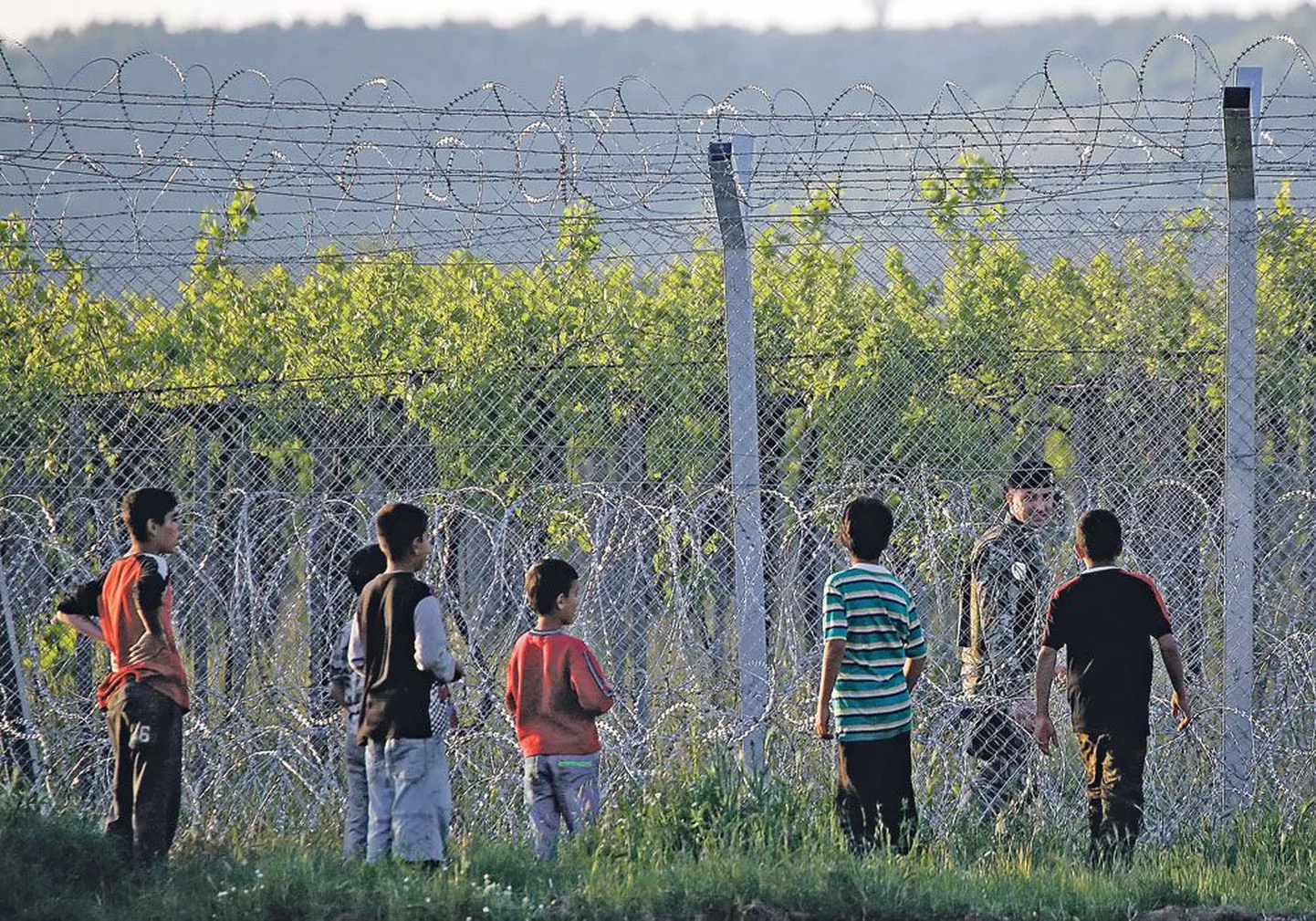Дети наблюдают за солдатом, патрулирующим македонскую границу с Грецией.