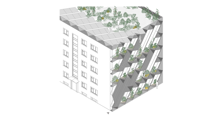 Uurimiskeskus PAKKu välja töötatud “sLender fassaad”, mis näeb ette kogukondlike taimekasvatustaskuse lisandumist maja välisfassaadi.