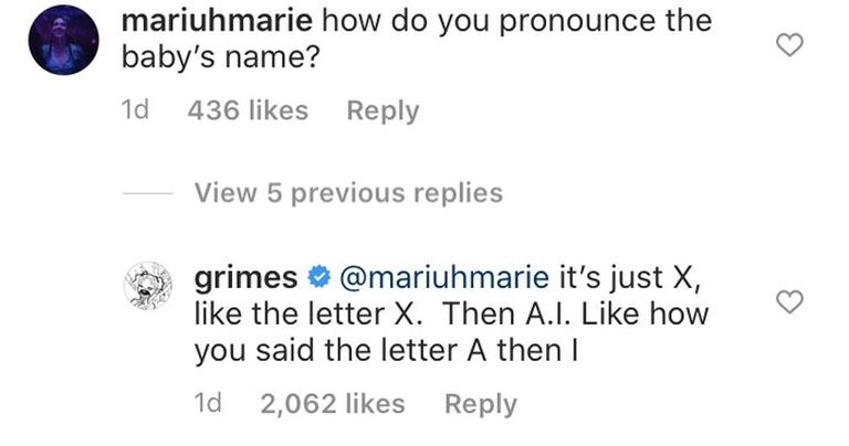 Grimes Instagramis selgitamas, kuidas tema lapse nime hääldama peaks.