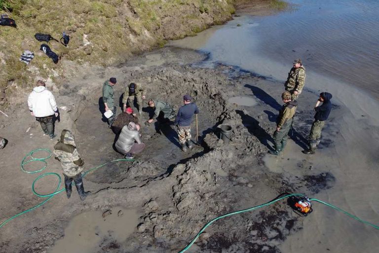 Droonifoto Jamali poolsaare järveäärsest kohast, millest kaevati välja mammutiluud