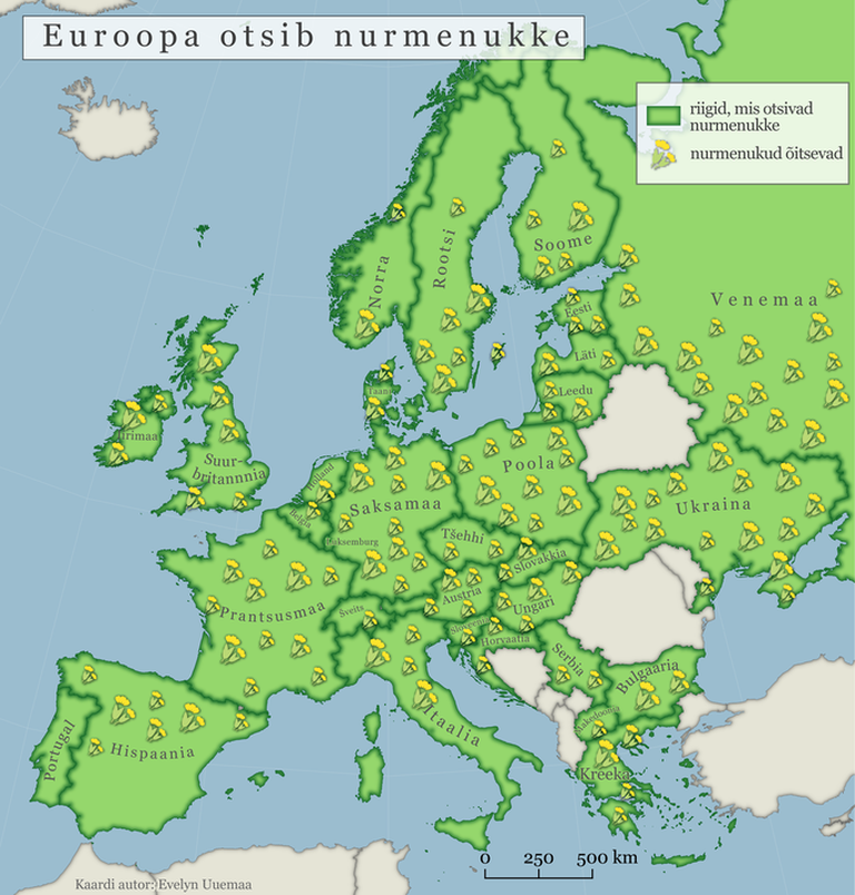 Kaardil on rohelisega märgitud riigid, kus sel aastal nurmenukke otsitakse.