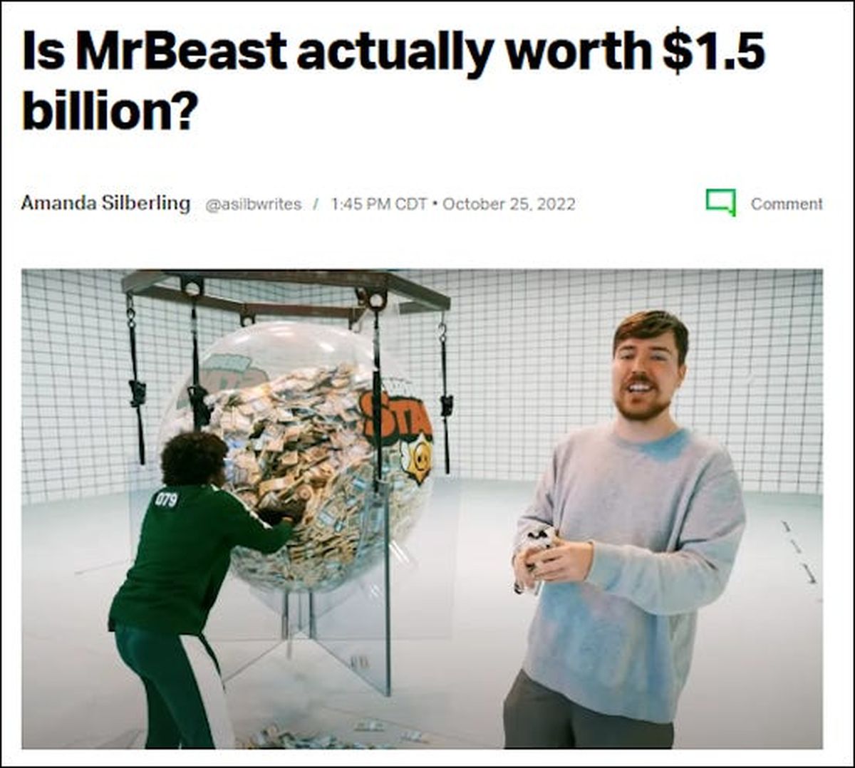 Ekraanipauk artiklist, mis väidab, et MrBeasti väärtus on 1,5 miljardit dollarit.