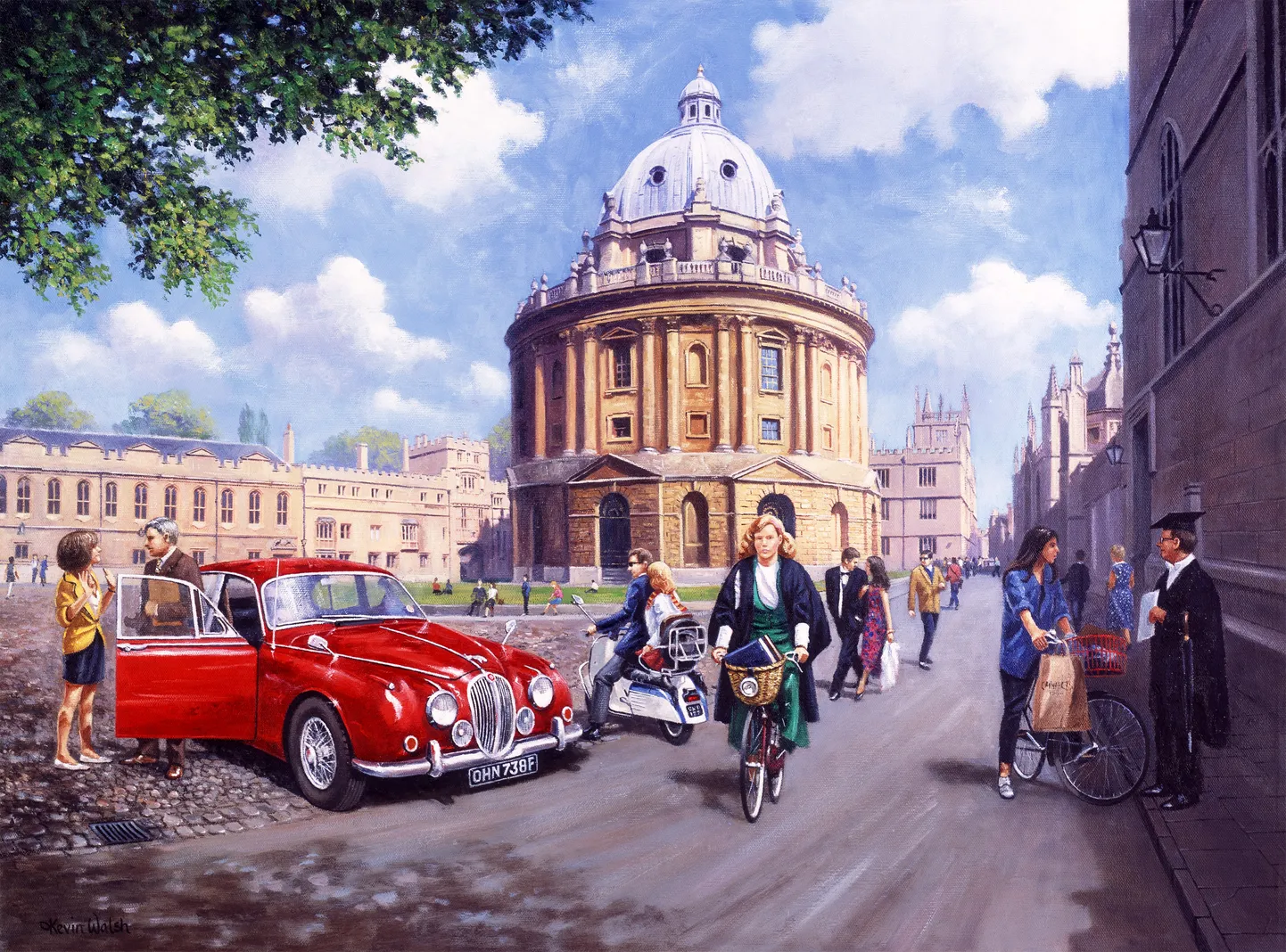 Bodleiani raamatukogu ja punane Jaguar MK2. Pilt 1960ndatest.
