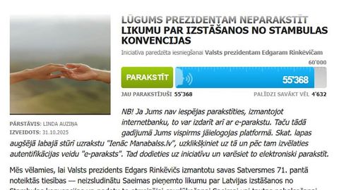 Lūgumu prezidentam neparakstīt izstāšanos no Stambulas konvencijas parakstījuši 55 000 cilvēku