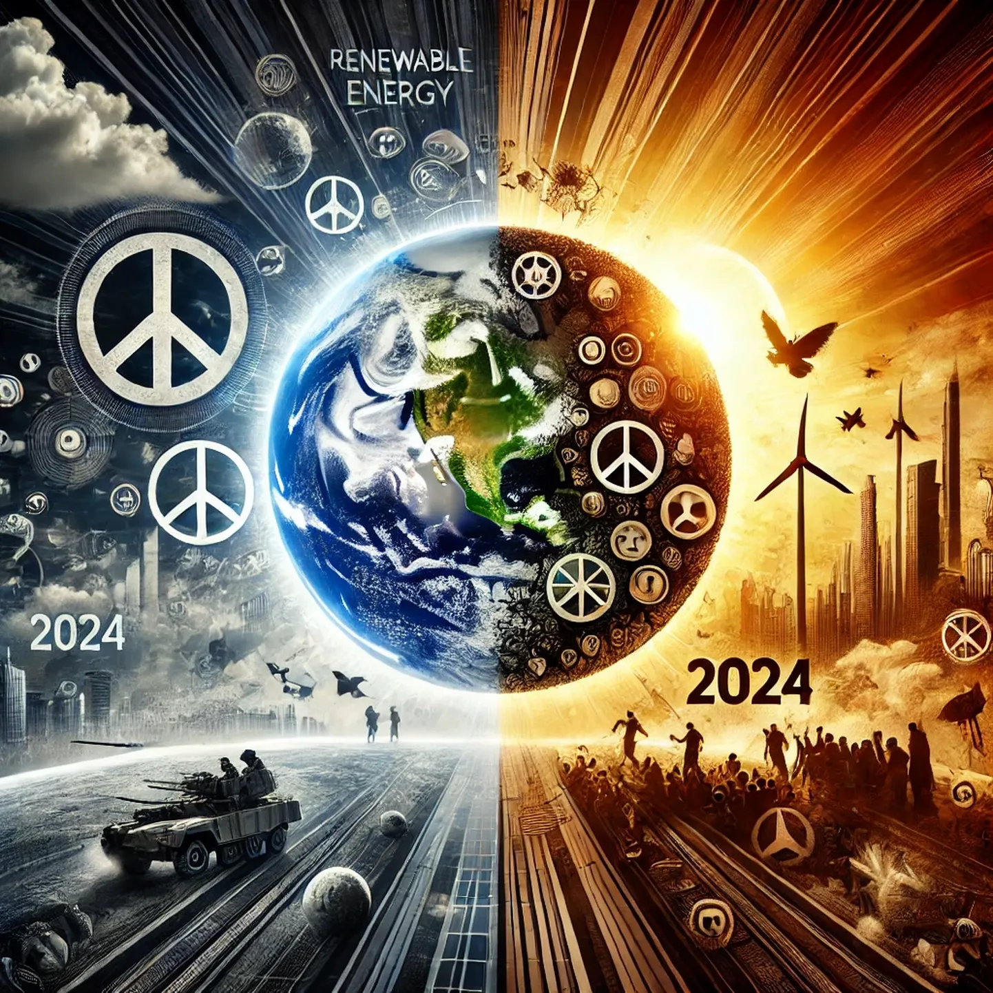 Siin on AI poolt tehtud visuaalne kujutis, mis illustreerib aastat 2024 kui muutuste ja vastasseisu aega. Pilt esitleb tasakaalu otsingut lootuse ja keeruliste väljakutsete vahel.