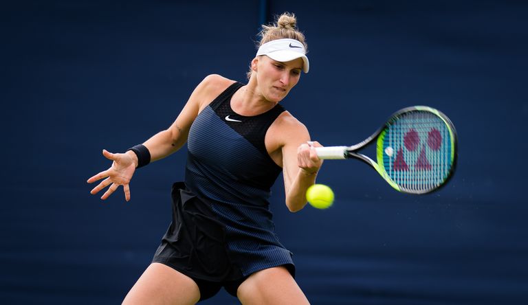 June 22, 2021, Eastbourne, Roma, England: Marketa Vondrousova of the Czech Republic in action against Ons Jabeur of Tunisia during the first round at the 2021 Viking International WTA 500 tennis tournament on June 22, 2021 at Devonshire Park Tennis in Eastbourne, England - Photo Rob Prange / Spain DPPI / DPPI / LiveMedia (Credit Image: © Dppi/LPS via ZUMA Press)