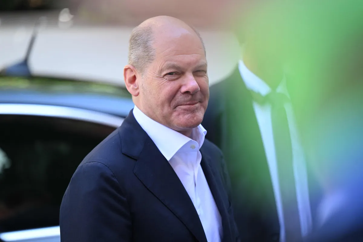 German Chancellor Olaf Scholz arrives for a meeting with representatives of the Dehoga gastronomy association and the Hesse trade association in Wiesbaden, on August 11, 2023.