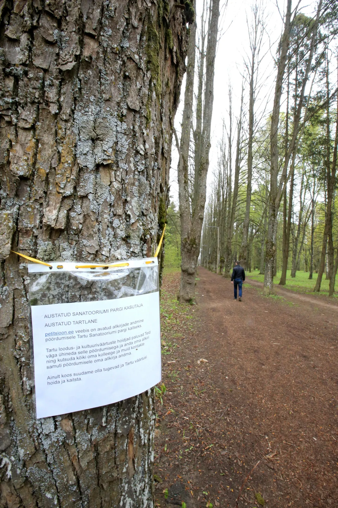 Sanatooriumi pargis oli eile mitmel pool puude küljes ülekutseid anda allkiri petitsioonile pargi kaitseks ja sellega oli eilseks ühinenud 780 inimest. Allkirjade kogumise algatasid Eesti looduskaitse selts, Eesti Metsa Abiks ja Eesti keskkonnaühenduste koda sooviga, et Tartu linnavalitsus ajaloolis-kultuuriloolise Sanatooriumi pargi säilitaks tervikliku pargina.