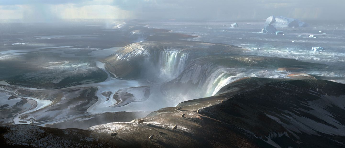 Kunstniku kujutis ürgsest jääjärvest, mille üle kallaste valgumisel tekkinud üleujutus murdis igaveseks lõhe Euroopa ja Suurbritannia vahele.