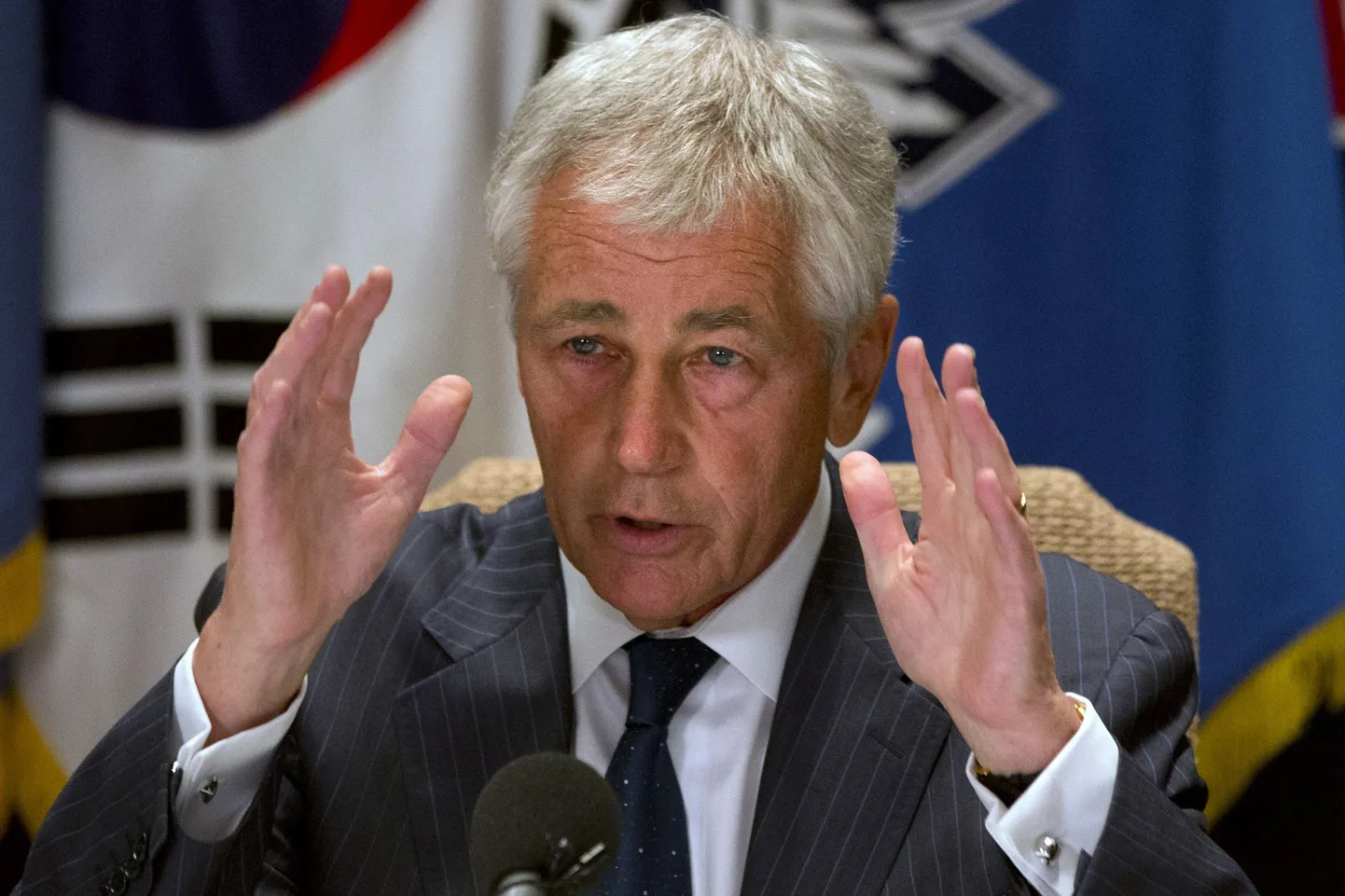 USA kaitseminister Chuck Hagel Lõuna-Korea pealinnas Soulis toimunud pressikonverentsil.