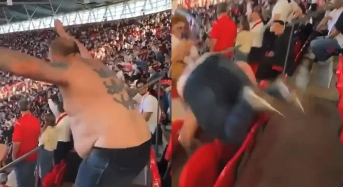 Wembley staadionil kukkunud jalkafänn. Kuvatõmmis videost.