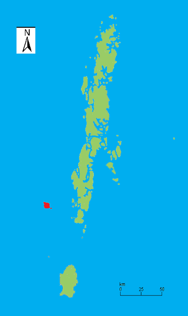 Andamanide saarestik, Põhja-Sentineli saar on märgitud punasega