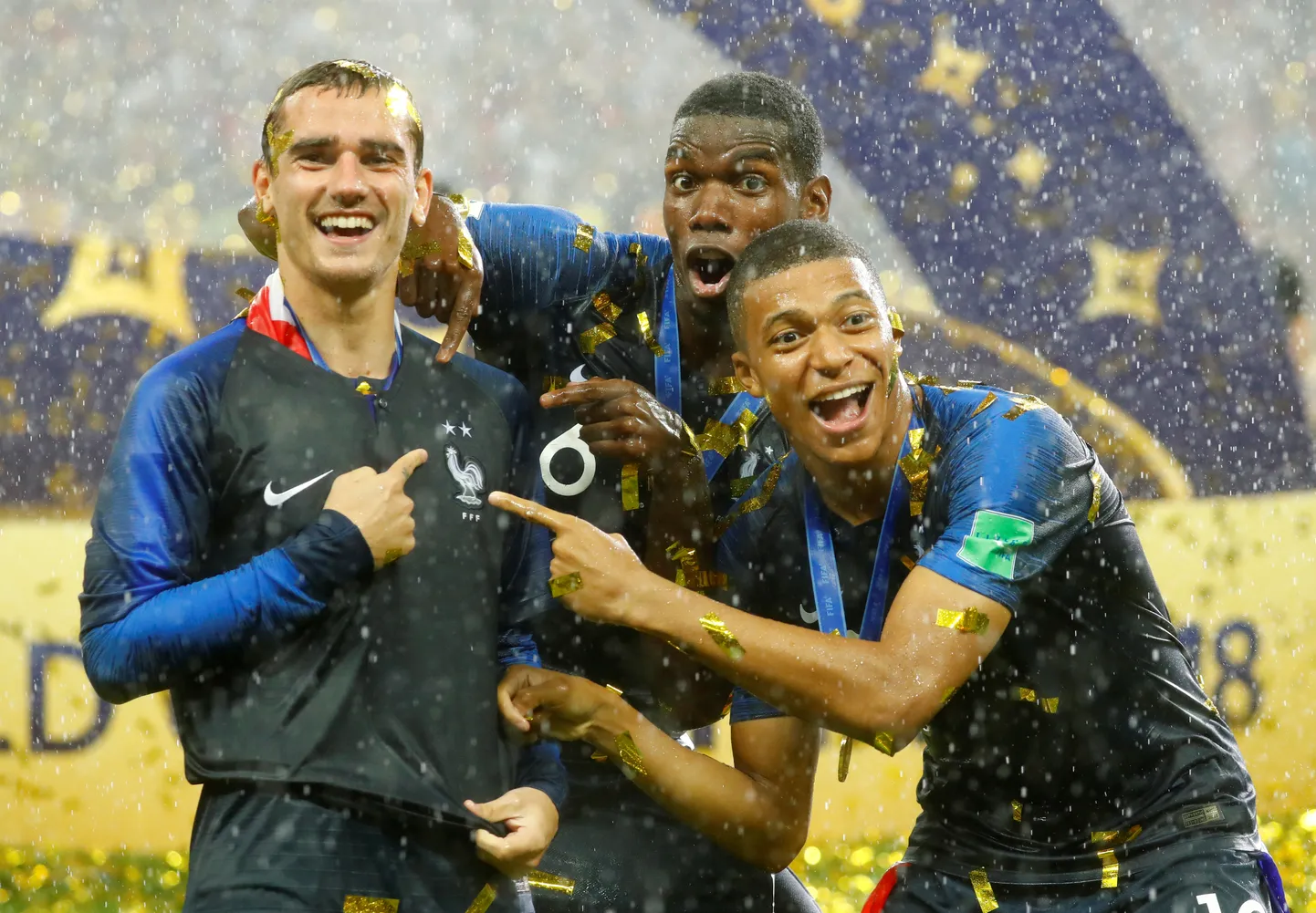 Antoine Griezmann, Paul Pogba ja Kylian Mbappe.