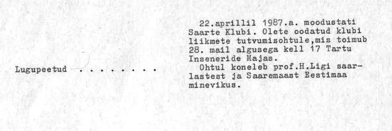 Kutse esimesele kogunemisele pärast Saarte klubi asutamist.