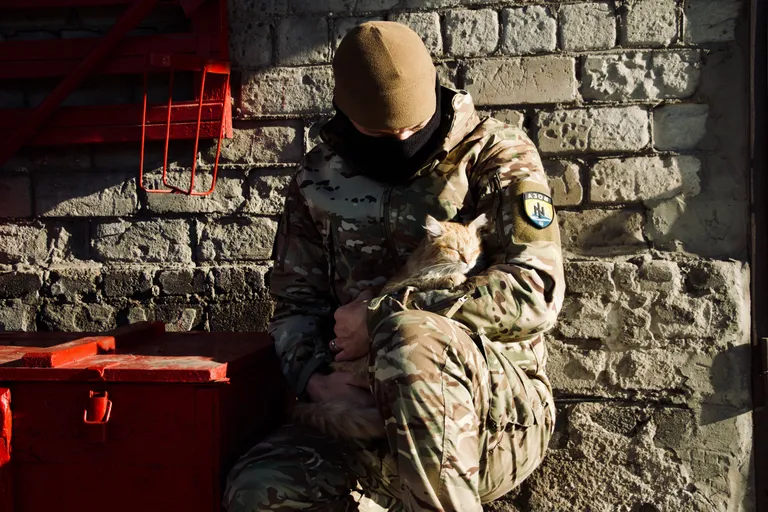 Боец полка "Азов" Национальной гвардии Украины в Мариуполе с котиком в руках