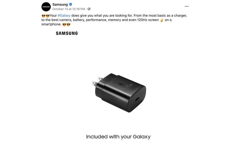 Samsungi postitus Facebookis, mis räägib, et Samsungil on kõik vajalik kohe karbis kaasas.