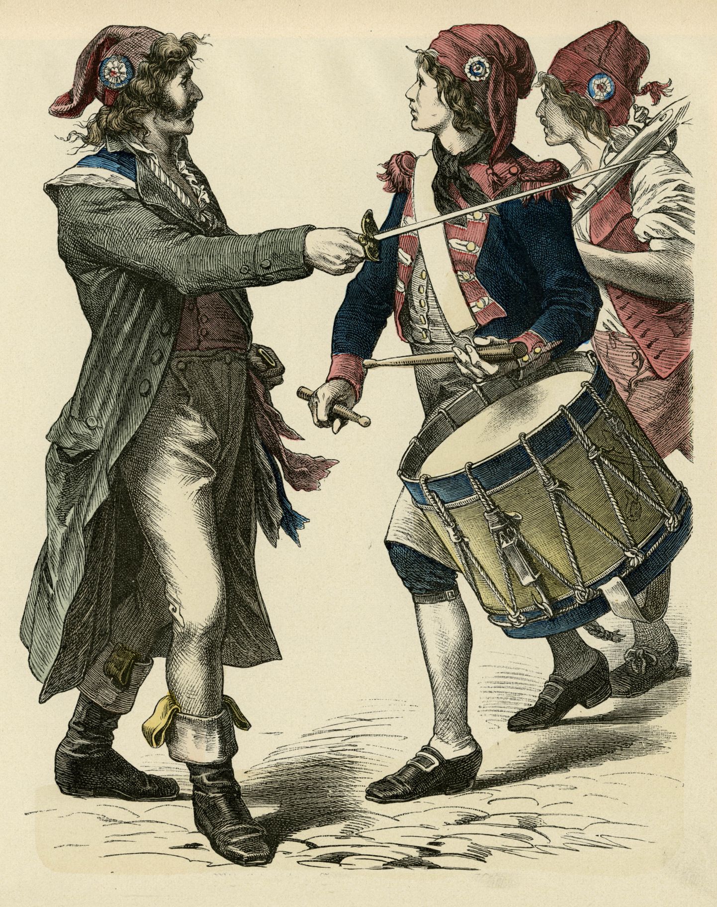 Prantsuse revolutsionäärid tüüpilises rõivastuses: pantaloonid ja sans-coulettes. Aastad 1793 - 1794