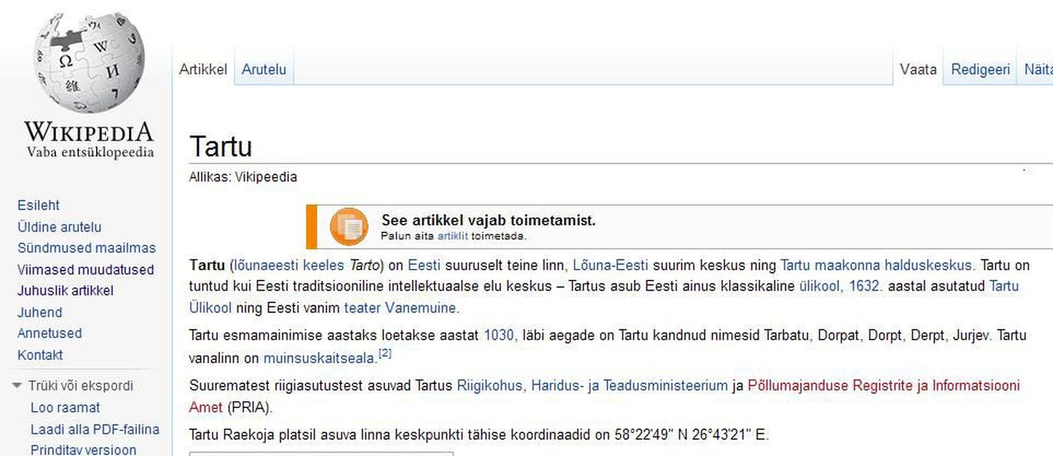 Eestikeelne veebientsüklopeedia Vikipeedia.