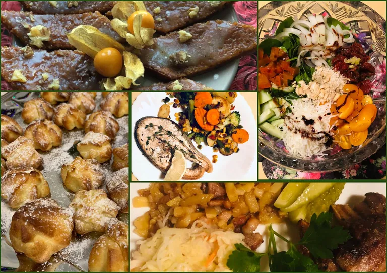 Морковный пирог, "вецриги", лосось, салат, картошечка жареная