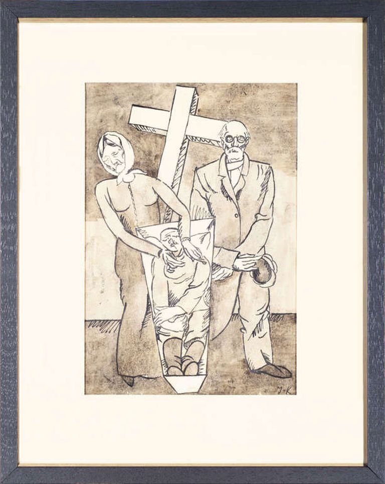 Jēkabs Kazaks(1895-1920)"Pie dēla zārka"1917. Papīrs, jaukta tehnika - tuša, zīmulis, ota, spalva. 28x19 cm
